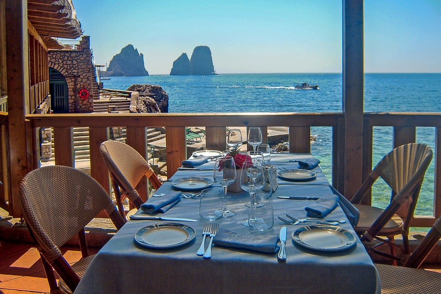 Beach view from a table at La Canzone del Mare Capri restaurant