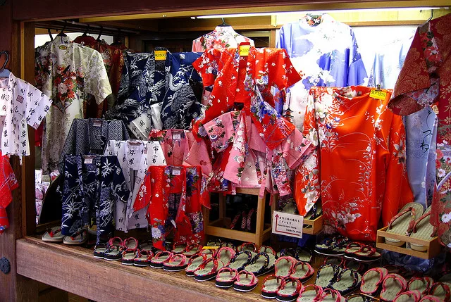 Image of traditional Kimono in a store window in Japan