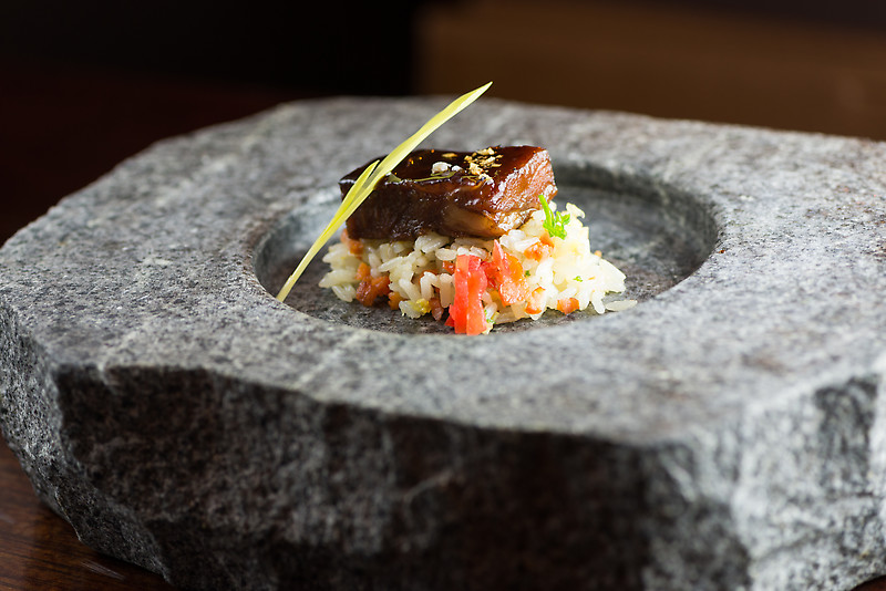 A large piece of granite with rice and a small piece of square meat on top.