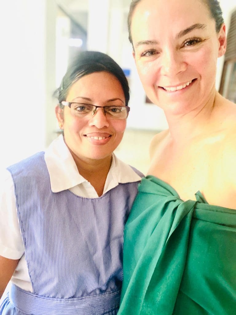 white woman with Indian woman at retreat in Sri Lanka