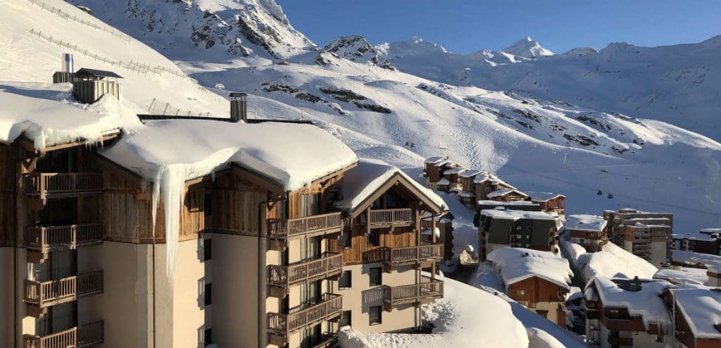 View of snow capped resorts in Val Thorens, France