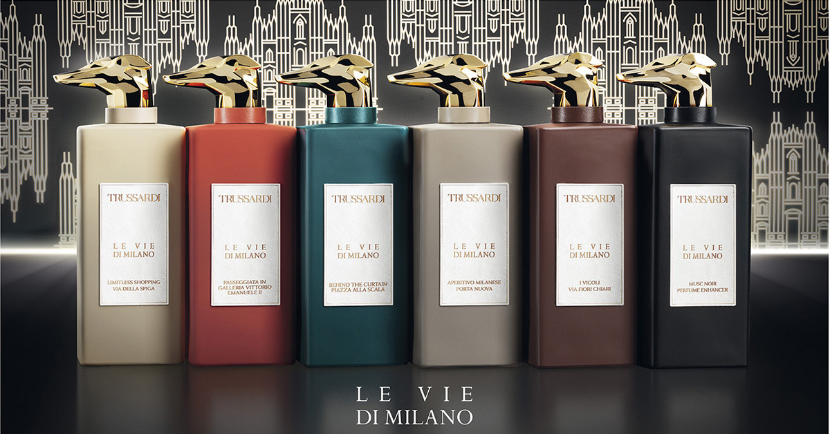Image of all six fragrances of Trussardi's Le Vie Di Milano Collection.
