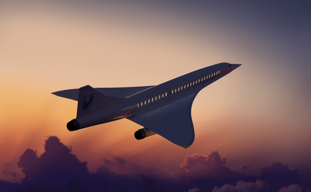 A model image of the Boom Supersonic “Overture” plane 