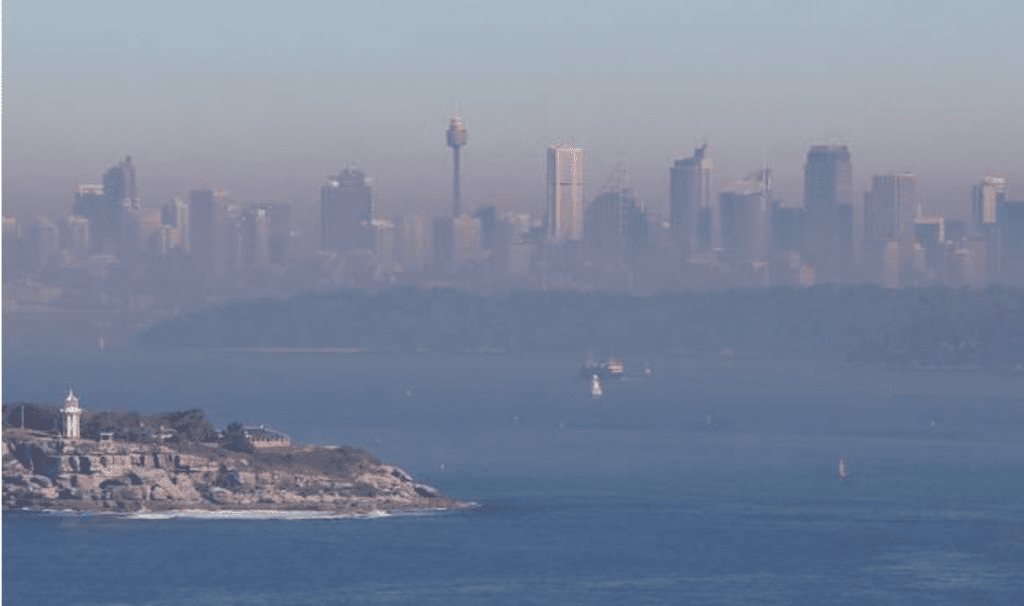 Thick smog covering the Sydney City skyline and harbour
