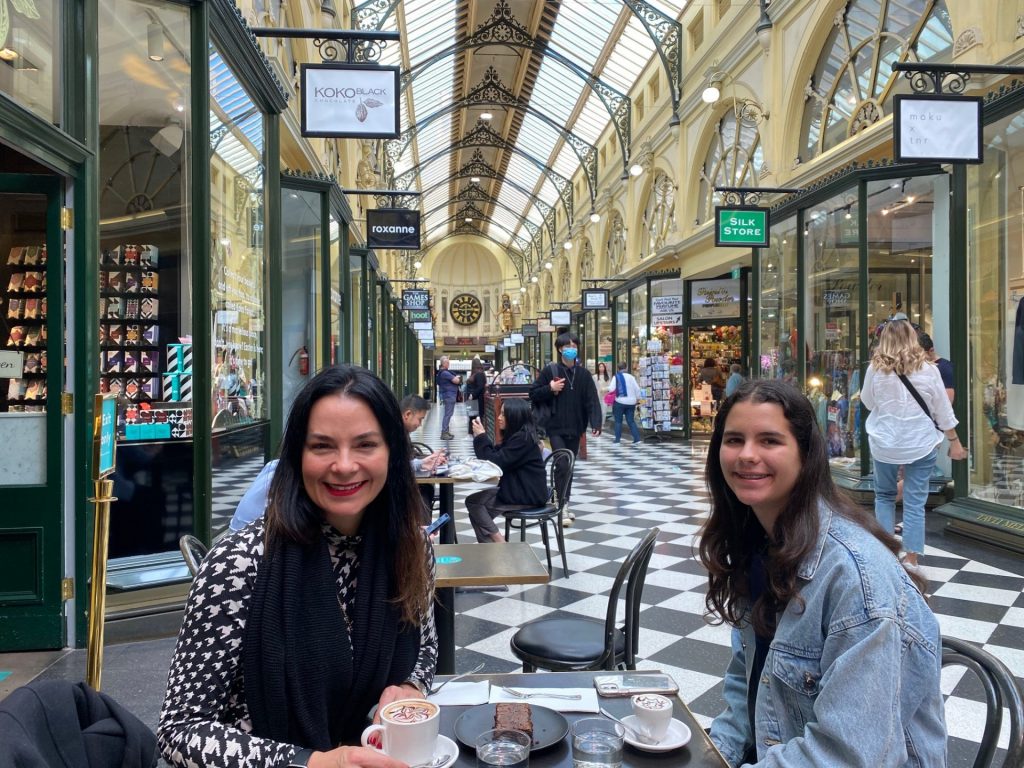 Renae and her daughter in one of many gorgeous arcades in Melbourne enjoying hot chocolate at Koko Black.