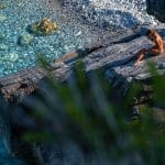 A woman reading by the sea on a rock.