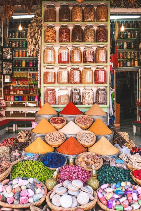 Moroccan herbs and spices in a souk.