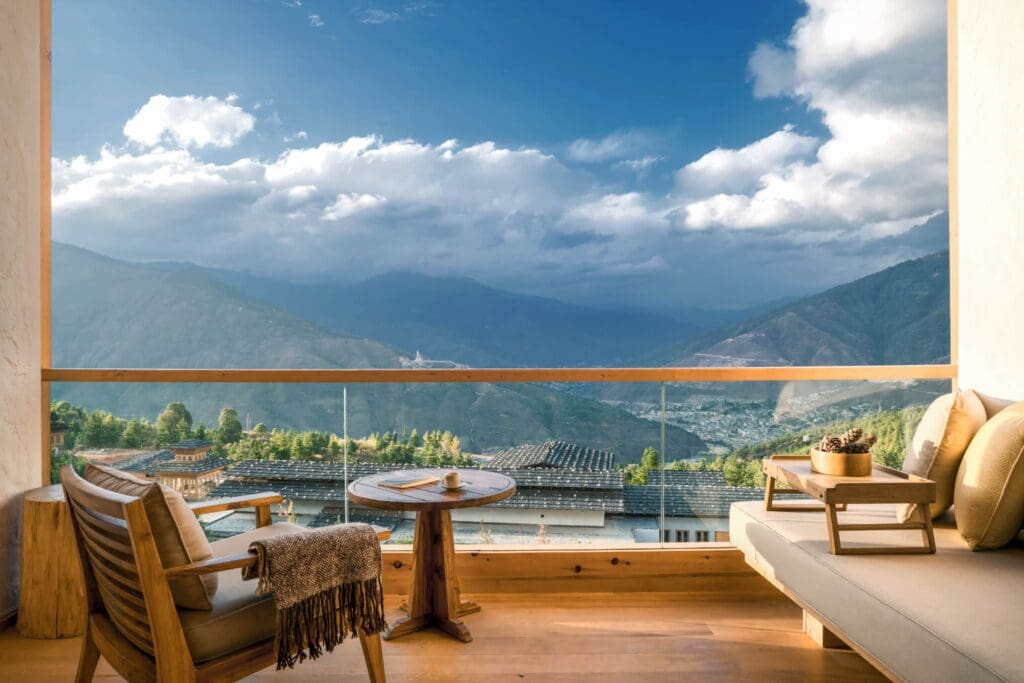 balcony overlooking Bhutan from luxury hotel