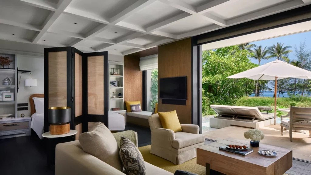 Lounge interiors od luxury hotel rim in brown hues.