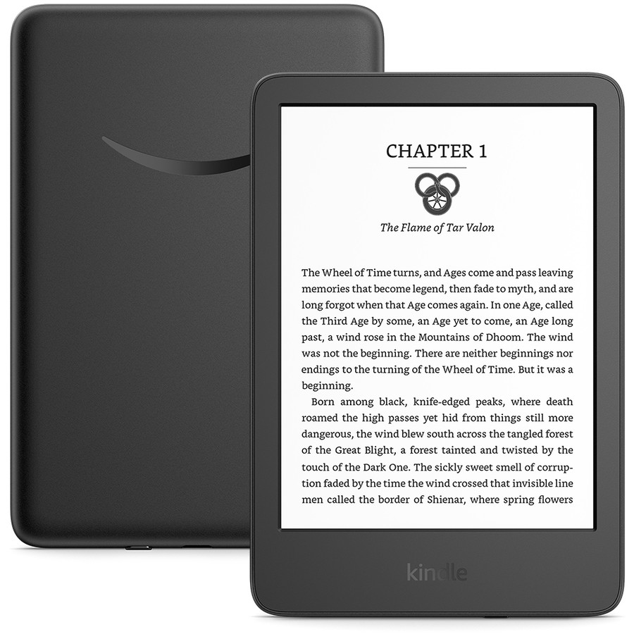 Black rectangle amazing kindle with writing on the front facing picture. 
