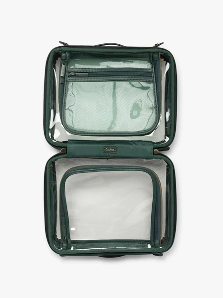 Clear cosmetic case that is opened with dark green accents around the sides of the bag.