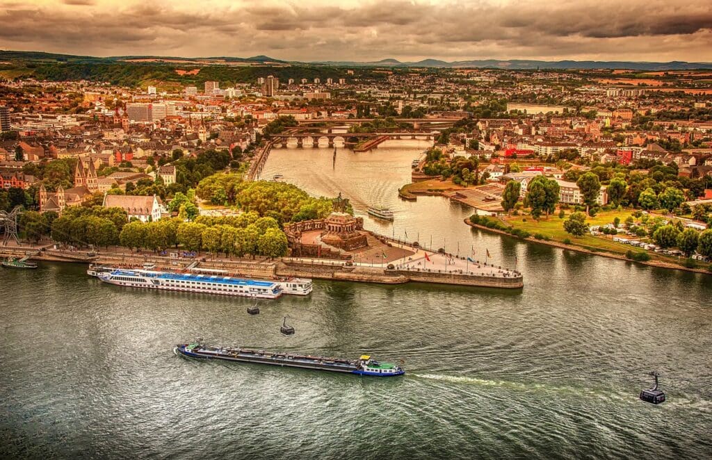 Aerial view of cruises passing through rhine river in germany
