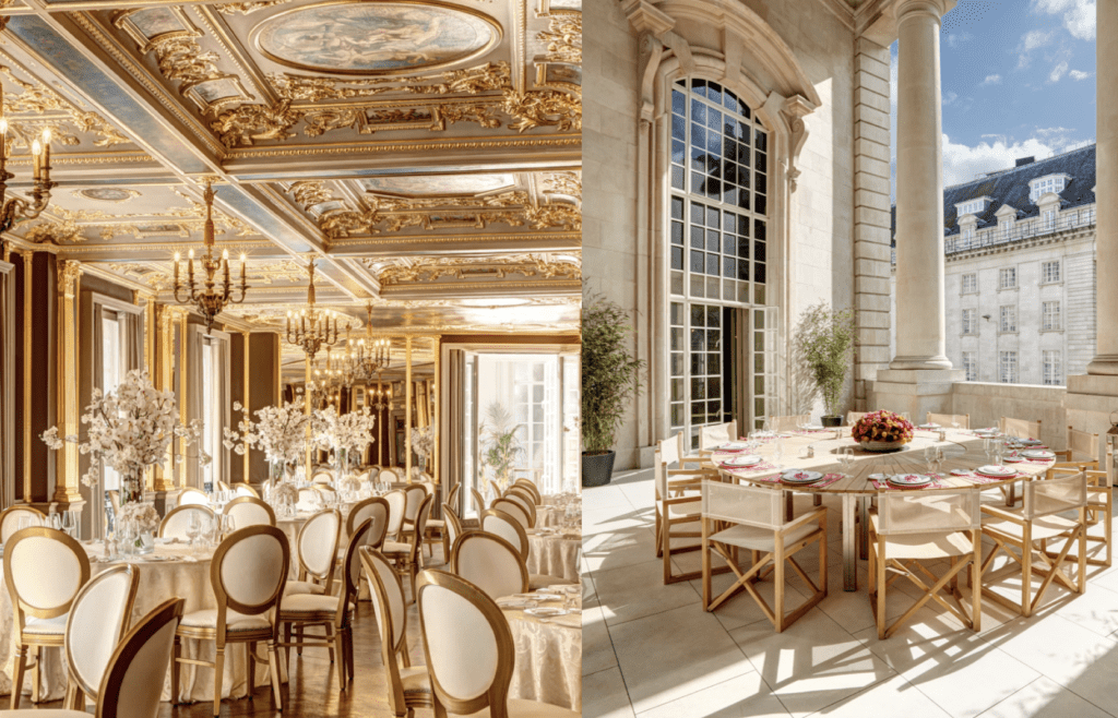 Gilded historical dining room with chandeliers and tables. Al fresco terrace with high ceilings and sunlight. 