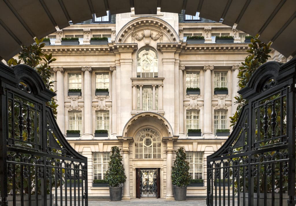 Entrance to Rosewood London luxury hotel - an Edwardian manor. iron gates