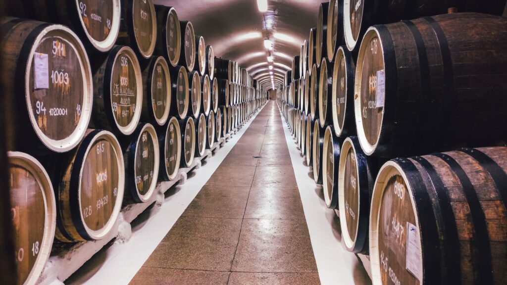 oak wine barrels lined up