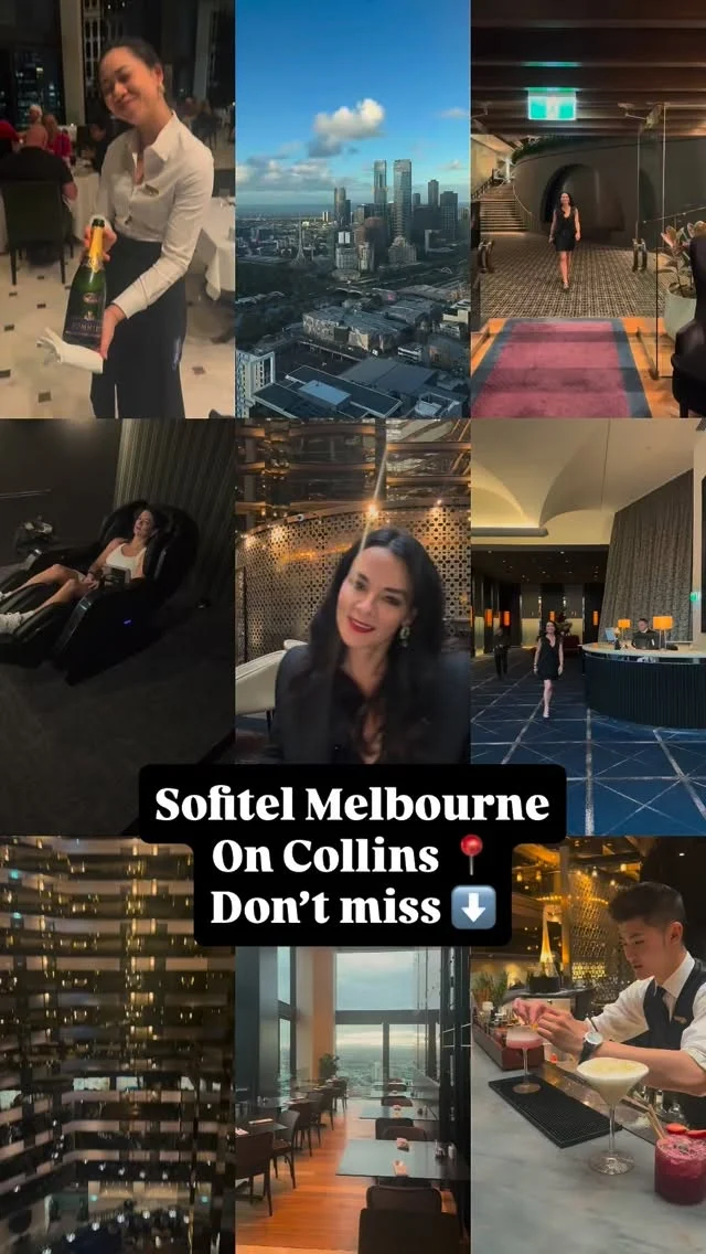 SOFITEL MELBOURNE ON COLLINS 📍Don’t miss:1. Citron tart cocktail, floor 35. 10/102. Free massage chair in the gym3. Book a room with city views to the ocean4. A glass of Pommery overlooking the view 5. Chefs menu with matching wines at No356. The exclusive Accor lounge; amazing 7. This is the hotel where serious artists stay (think actors, performers, musicians and more) so keep your eyes peeled. 8. Access the bath menu with rose petals. Heaven. #sofitelmelbourneoncollins